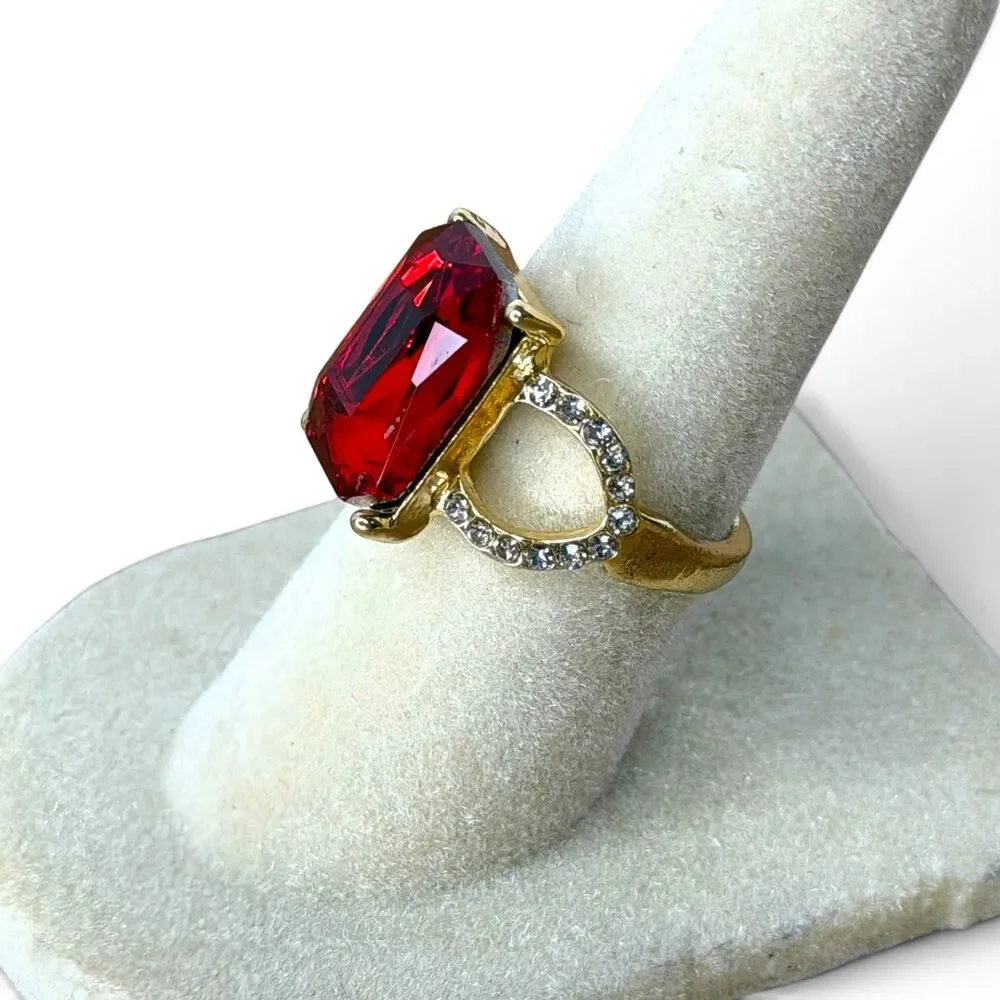 Gold-Tone Statement Ring with Red Rectangular Stone